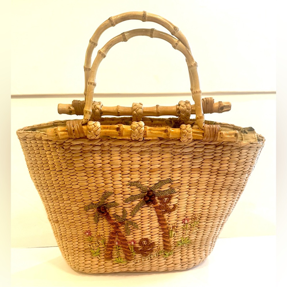 Vtg Handcrafted Embellished Monkey/Palm Tree Straw Basket Purse w/Bamboo Handles